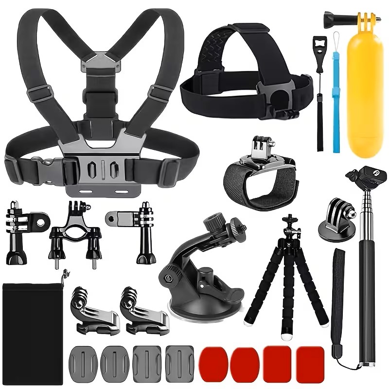 20pcs Sports Camera Accessory Kit Suitable for Hero 12, 11, 10, 9, 8 Max, 7, 6, 5, 4 - Includes Head Strap, Chest Harness, Wristband, Selfie Stick, Tripod, and More Free Combination Accessories