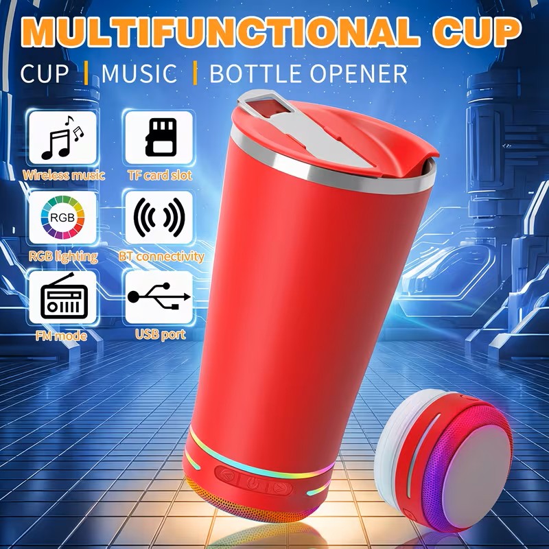 16.5oz Music Mug with Glowing LED Wireless Speaker & Thermos Thermos Suitable for Hot/Cold Drinks, Insulated Coffee Cup with Wireless Sound System,