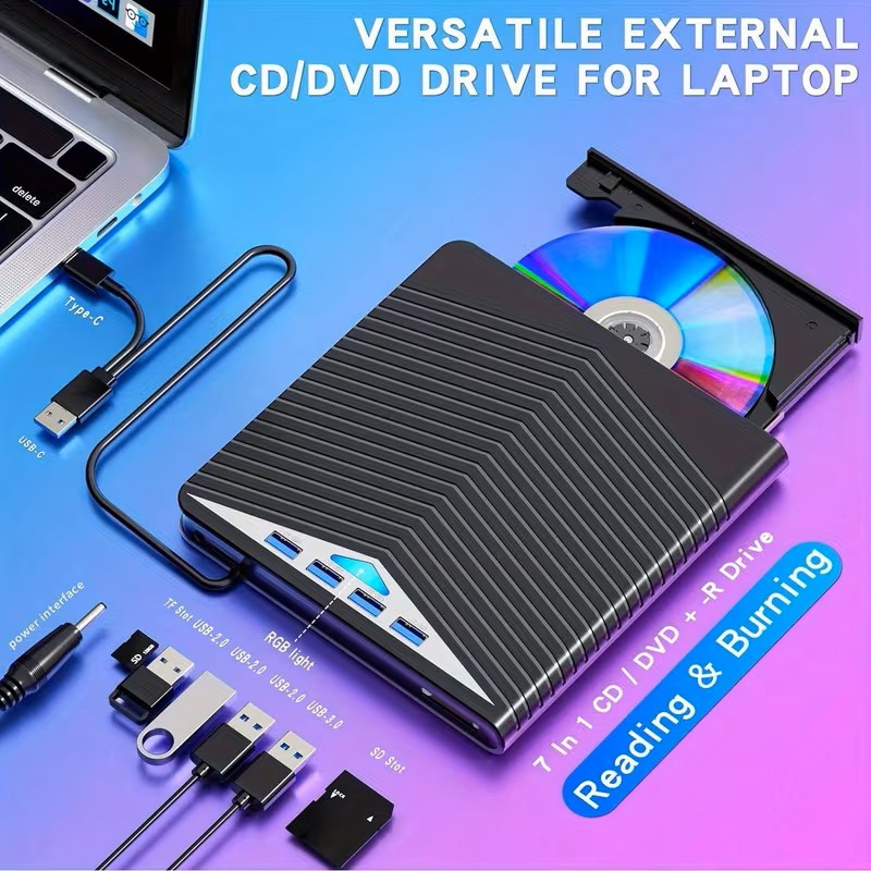 USB 3.0 Multi-function External CD DVD Drive, Type-C CD DVD +/ -RW Optical Drive CD Burner, Ultra-slim Drive with 4 USB Ports and SD/ TF Card Slot Compatible with Linux Windows MacOS