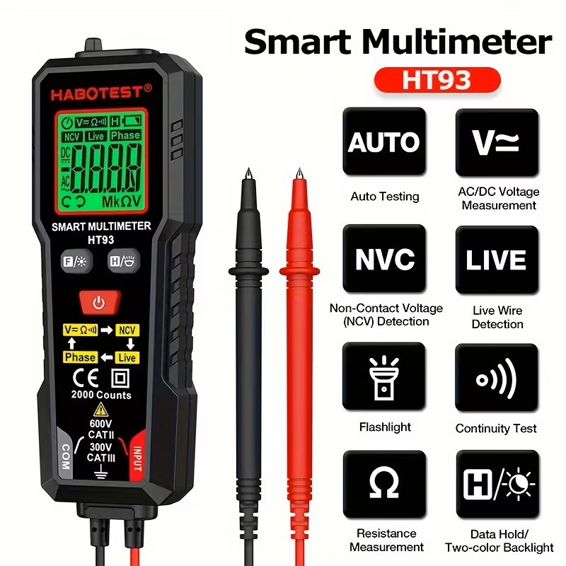 HT93 Smart Digital Multimeter 600V AC/DC Voltage Resistance Continuity Measurement Tester Multimeter with NCV Live Wire Test, Live Wire Detection, Resistance Testing Equipment, Smart Multimeter, Ncv Detector, Industrial-Grade Design, Compact Digital Displa