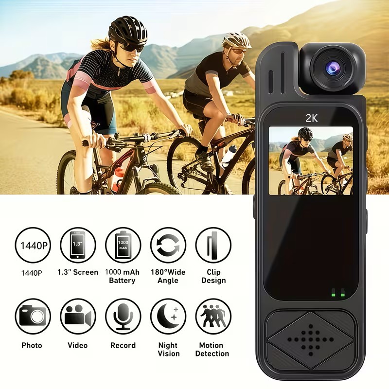 1440P Mini Pocket Camera, 180° Rotatable Fish-Eye Lens, Clip-Style Design, Color Display, 6X Zoom Capability, Long-Lasting Battery Life, Recorder Suitable for Transportation Cycling And Outdoor Activities, Rechargeable 1000Mah Battery