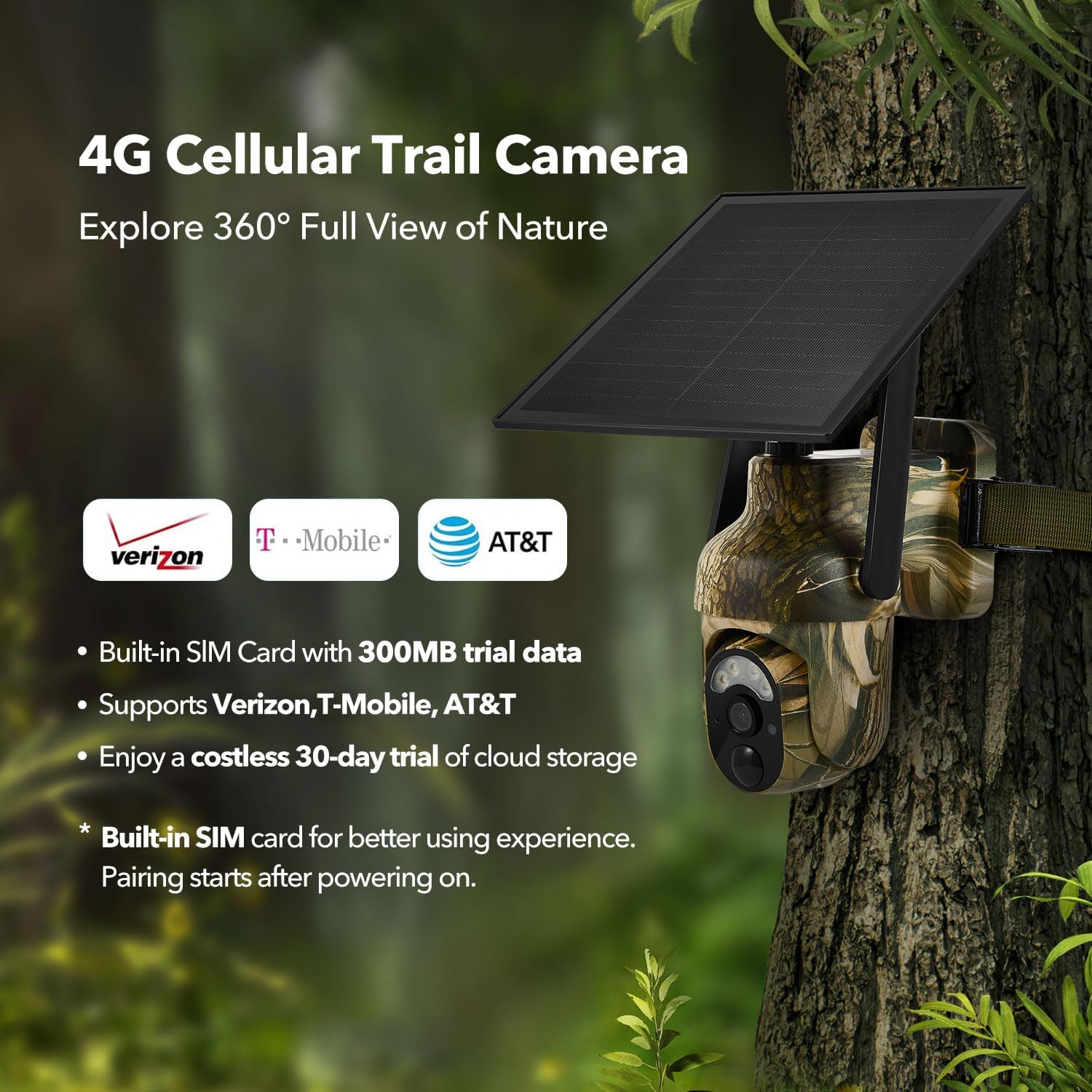 4G LTE Cellular Trail Cameras 2K 360° View Live Streaming Game Camera Built-in SIM Card with Motion Activated Color Night Vision Remote Phone Access Solar Powered Trail Camera IP65 Waterproof 1Pack