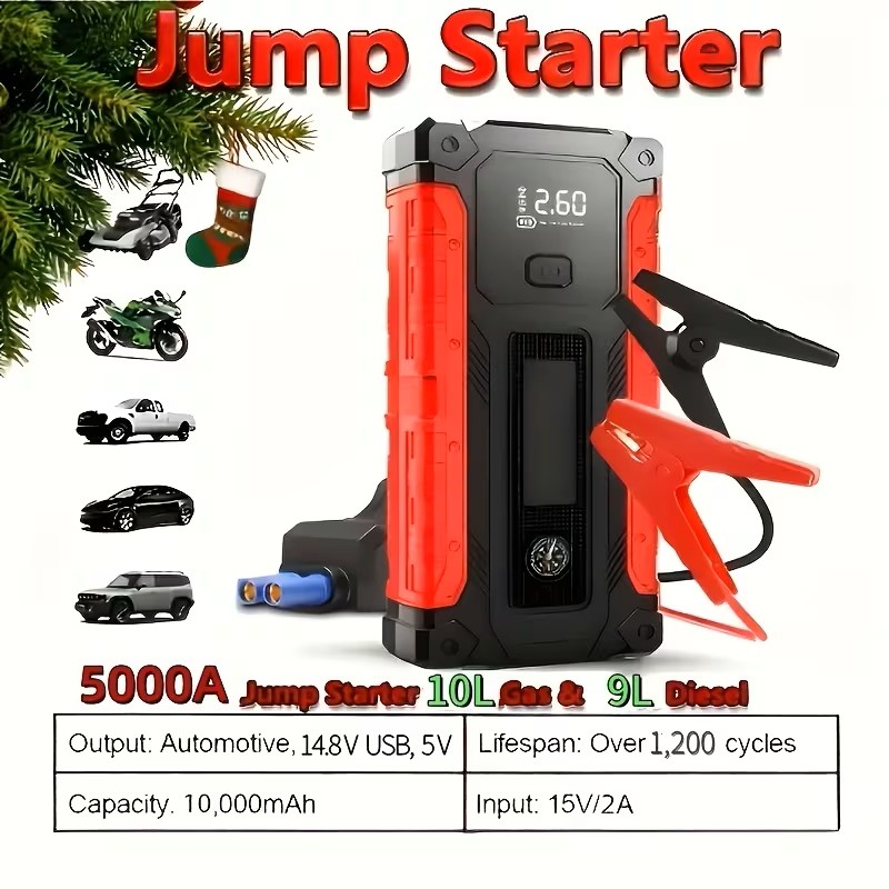 10000A 7-in-1 Multifunctional Emergency Jump Starter With 150PSI Air Pump, Digital Tire Inflator, Portable Car Battery Charger, Up To 2.64gal Gas/2.38gal Diesel, LED Emergency Light & USB Charging, Car Emergency Tool
