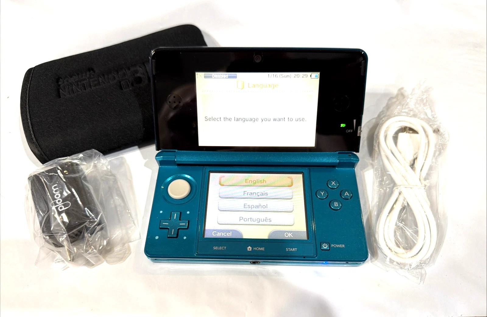 Nintendo 3DS Light Blue Console Stylus Case + Charger 128GB Card