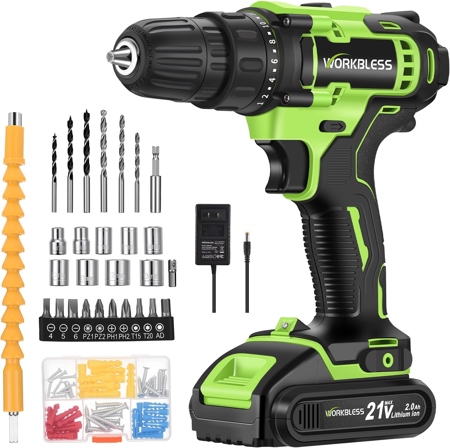 21V Power Drill Set, Cordless Drill with Battery and Charger, 3/8'' Keyless Chuck, Variable Speed, 18+1 Torque Setting and 28pcs Bits Tool Set(Green, 1 Battery)