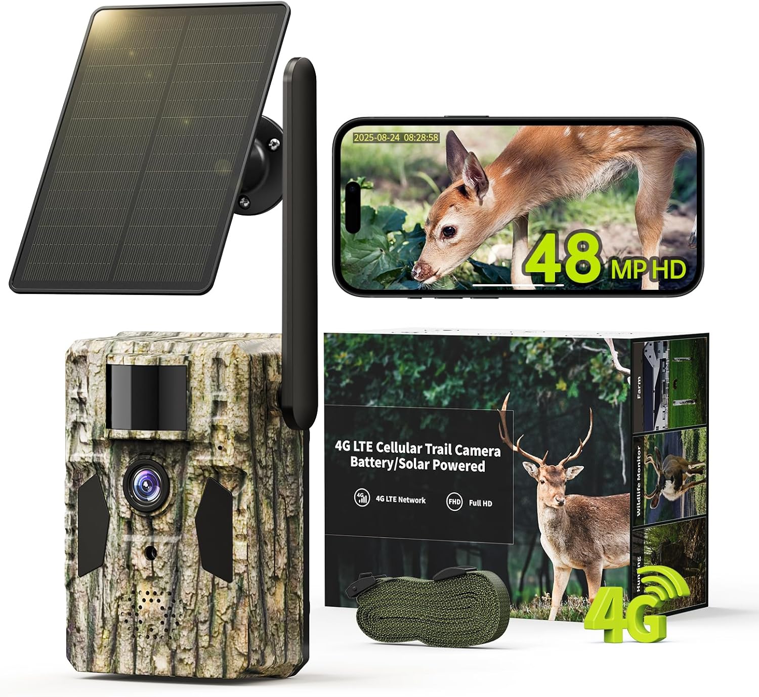 4K 4G LTE Cellular Hunting Camera +Battery Pack+6W Solar Panel+64G SD Card, 0.2s Trigger Speed, Game or Trail Camera with GPS, Non-Glow IR, SIM Card, Motion Capture,