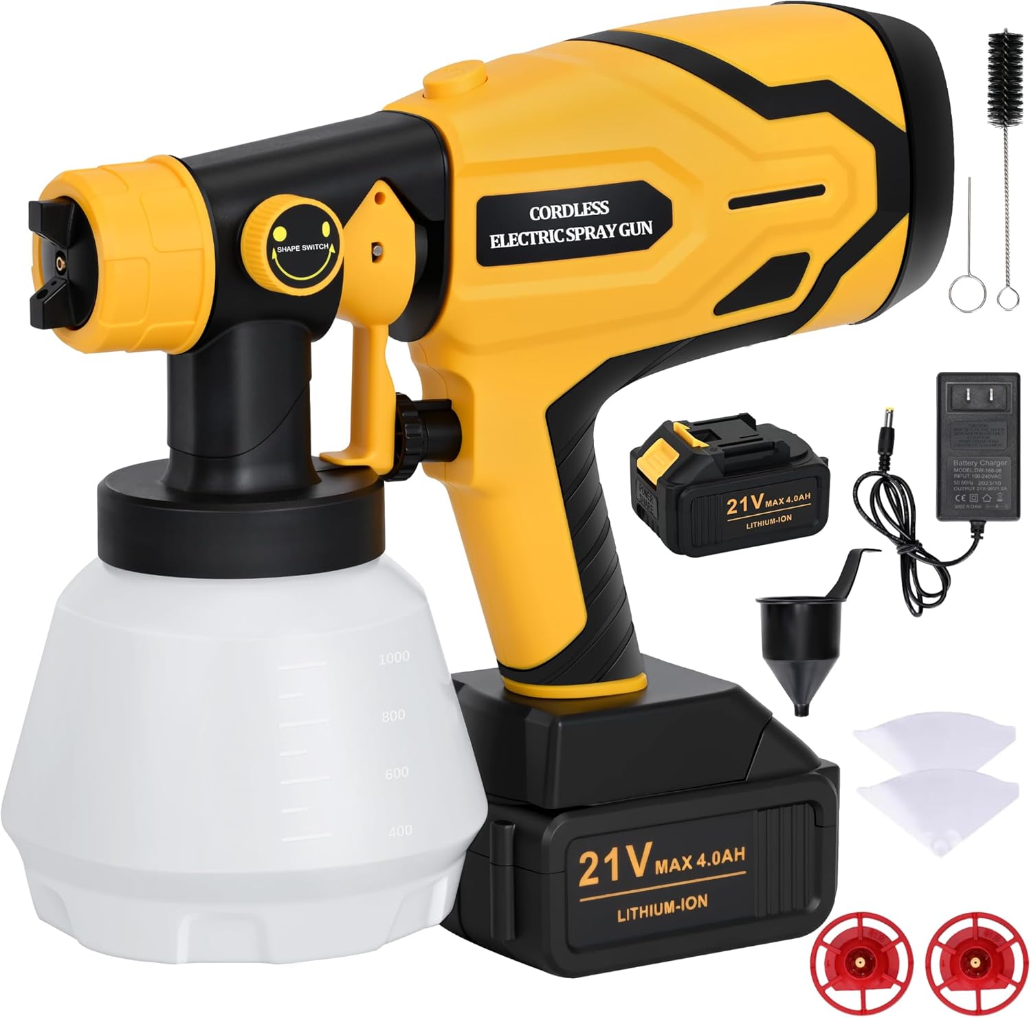 Paint Sprayer with Battery and Charge, 2 X 4.0mah 21v Battery,Cordless Paint Sprayer with 1000ml Large Container, 1.0mm & 2.5mm Nozzles,Electric Spray Paint Gun for House Painting Furniture