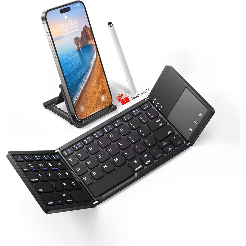 Portable Wireless Tri-Fold Keyboard + Stylus with Touchpad, Ultra-Thin Design, Compatible with Tablets, Smartphones, and Laptops-Ideal for Office Use and Travel. Mobile Phone Accessories, Laptop Accessories, Tablet Accessories