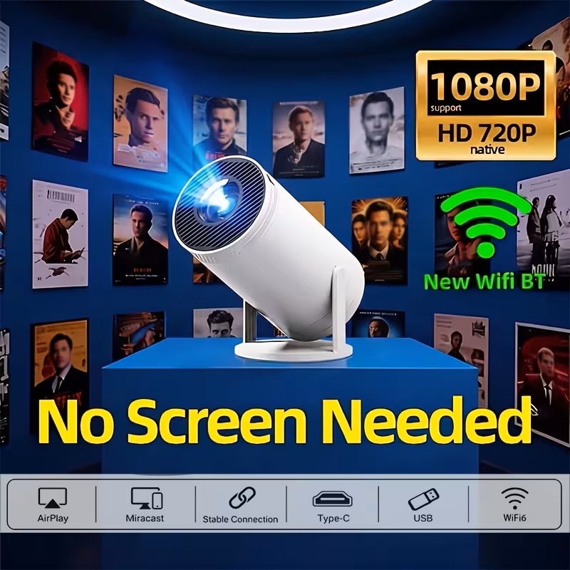 Portable HD Smart Projector, Supports 1080P Video Projection, 80 Ansi/Local 720P, BT5.0 No Screen Needed, 180° Rotating HD Home Theater - Computer And Phone Screen Mirroring, Office, Outdoor Camping, Room, Living Room, Dormitory