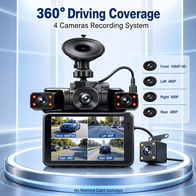4 Camera Car DVR Dash Cam System with Screen Display, Front/Rear/Left/Right Recording, Parking Monitor & Motion Detection, Loop Recording Suitable for Vehicle Dash, No Memory Card Included, for Car DVR Dash Cam Recorder