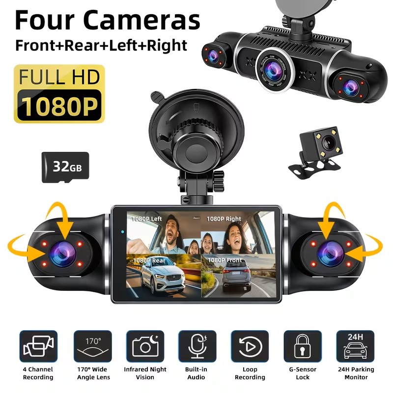 360° Panoramic Car Dash Cam, FHD 1080P, 4 Channel Equipped With 3.0-Inch IPS Display, Infrared Night Vision, Loop Recording Function, Vehicle DVR Recorder, Built-In Wifi, Rechargeable Battery, 32GB Memory Card/Holiday Gift/Vehicle Camera