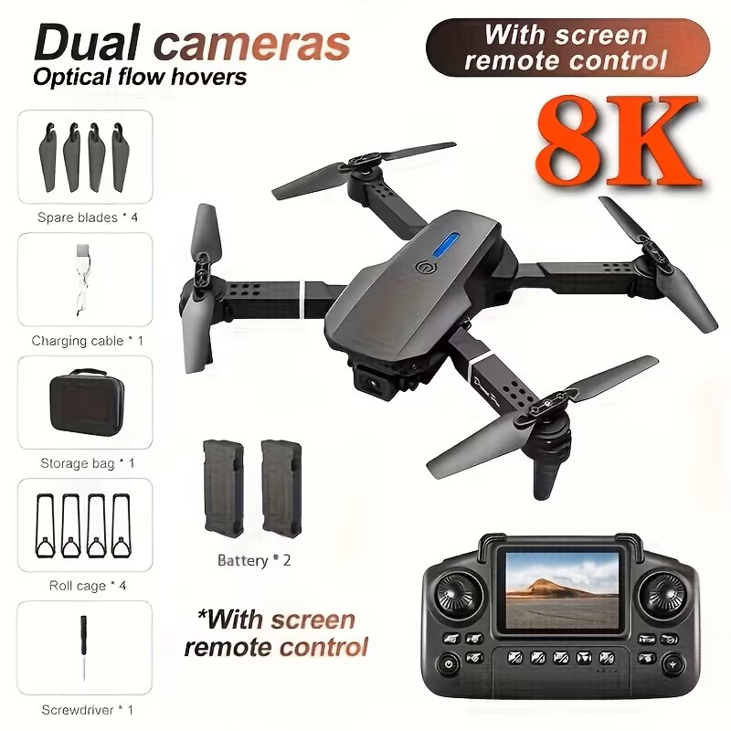 2026 Upgraded E88 PRO MAX Drone, Equipped with 8K Dual Camera, Visual Remote Control with Screen, Two Batteries, Brushless Motor And Obstacle Avoidance, One-Key Return, Foldable Quadcopter Drone with Repair Tools And Spare Propellers