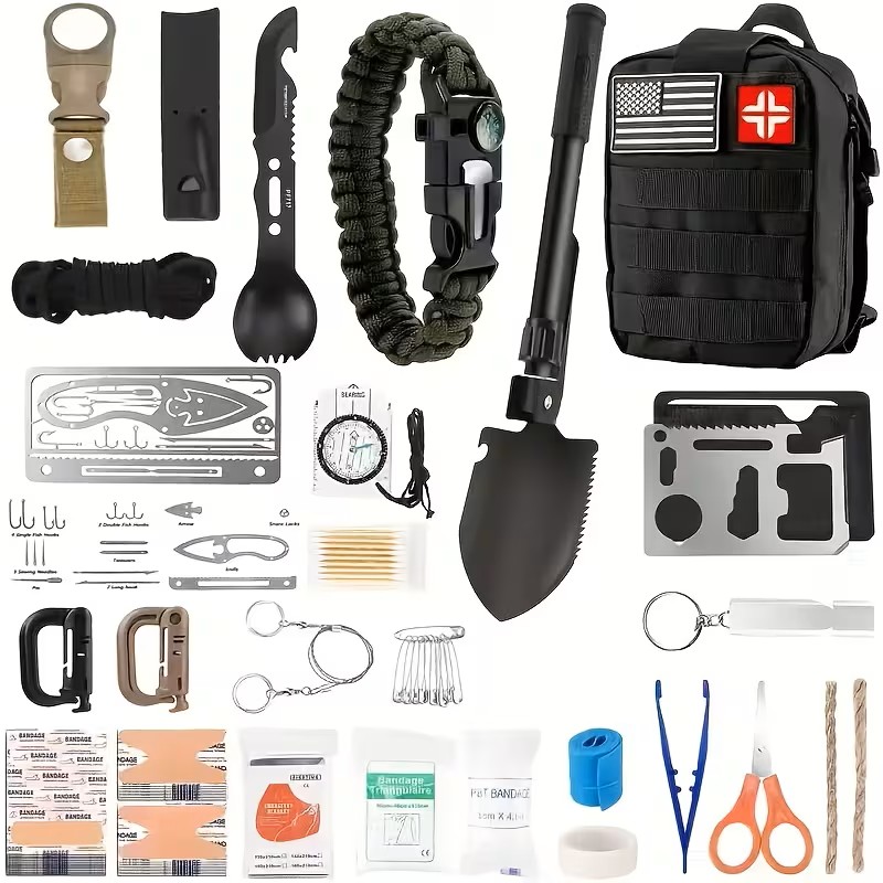 Survival And Kit Containing 152pcs of Professional Gear, Complete with a MOLLE Bag. Ideal for Men, Fathers, And Husbands Who Love Camping And Outdoor Adventures