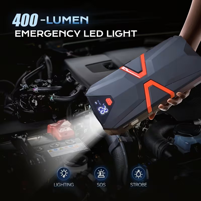 5-in-1/9IN1 Portable Car Battery Jump Starter With Tire Inflator 12V Fast Start, Battery Boost, USB I/O, LED Emergency Light, Reliable Power, Roadside/Vehicle Emergency Tools 3000A Portable Wireless Car Jump Starter Battery Jump Starter