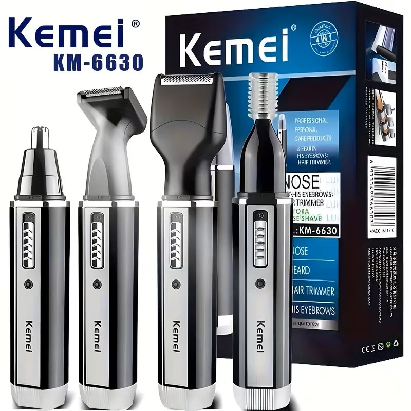 Kemei 6630 4-In-1 Men'S Grooming Kit - USB Rechargeable Nose Ear Hair Trimmer, Beard And Eyebrow Trimmer with 3 Attachments, Precision Personal Care Tool for Men (Black)