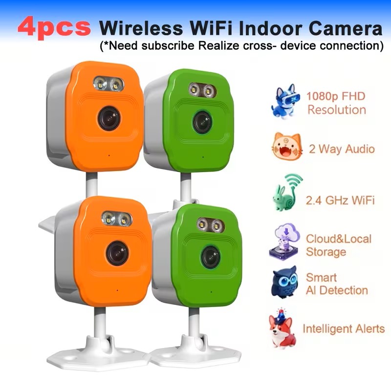 4pcs-1080P Full HD Video, Wireless Security Camera, Pet Monitor, Home Camera, Low-Power Camera, 36V Power Supply, 2.4Ghz/Wifi Connection, Motion Detection, Spotlight Night Vision, Two-Way Voice, Protect Your Family And Pets, Without Battery