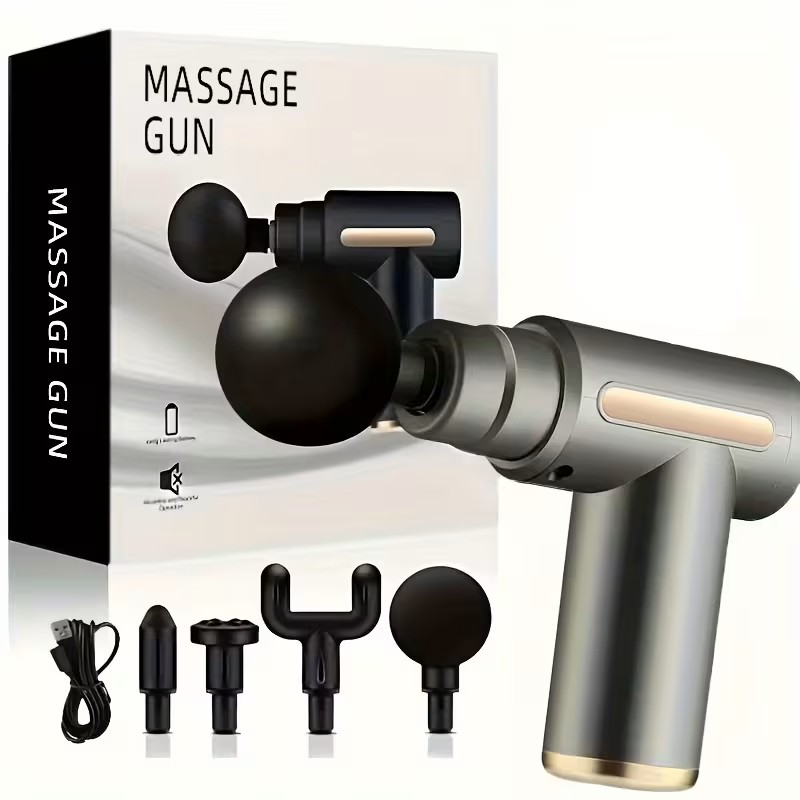 Portable LCD Six-Speed Digital Massage Gun, Adjustable Electric Deep Tissue Massager, Mini Massage Gun, USB Rechargeable, Equipped with 4 Replaceable Massage Heads