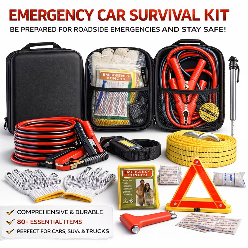 Emergency Kit with Battery Jumper Cables, Car Accessories Men Or Women, Emergency Car Kit, Roadside Automotive Safety Kit Car, Vehicle, Truck Or SUV