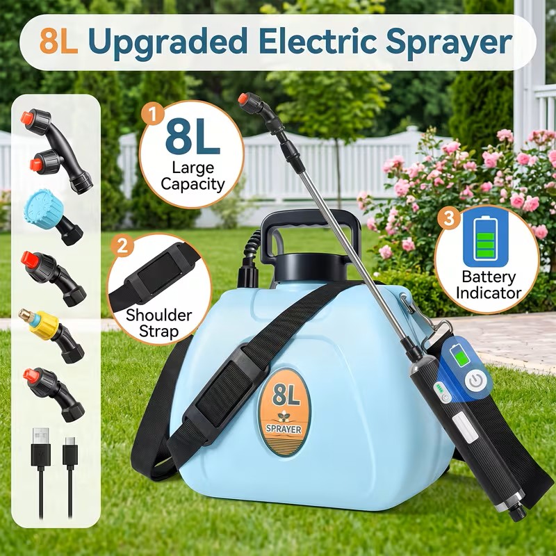 Extra Large 8L Electric Sprayer, 2 Gallon Battery Powered Garden Weed Sprayer, 2026 New Upgrade 3 Adjustable Flow Speed, Real-Time Battery Indicator, Extendable Retractable Wand & Padded Adjustable Shoulder Strap for Lawn Yard Fertilizer Cleaning