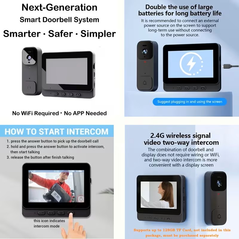 Smart Wireless Video Doorbell, Display Screen Versions And Chime Versions. Check The SKU Images Carefully And Choose According To Your Needs. 2-way Intercom, Night Vision, Large Battery, Easy Installation.