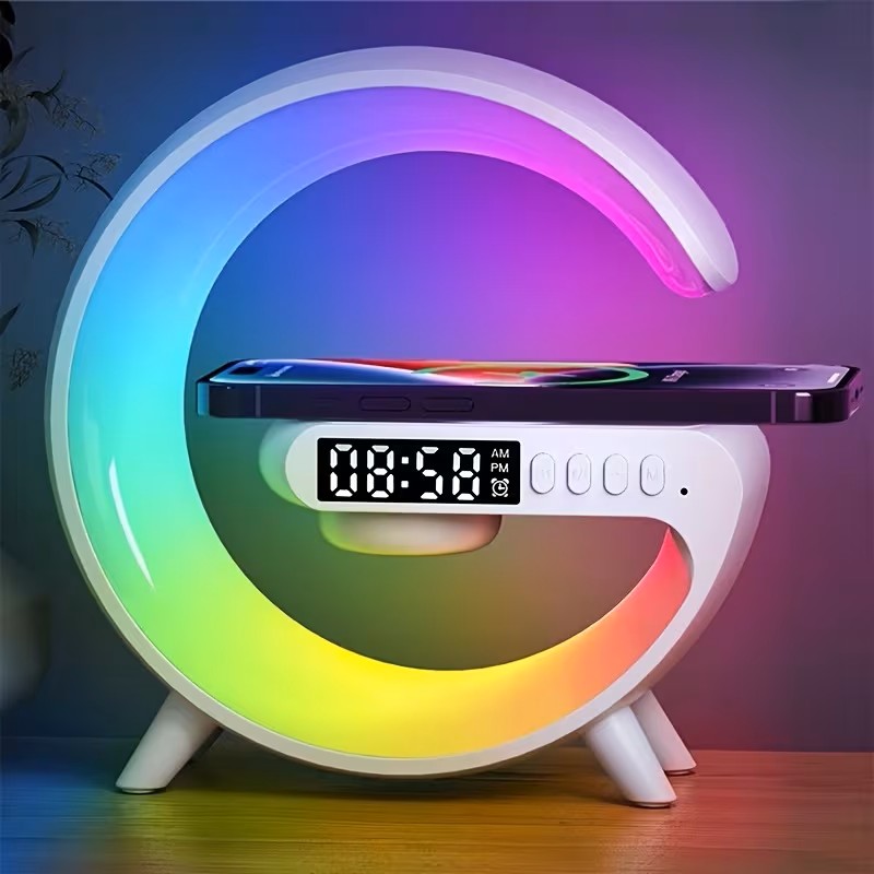 Multi-Function Wireless Charger Stand, Fast Wireless Charging Station for Smartphones, HD Audio Subwoofer, Portable Wireless Speaker, Alarm Clock, Colour LED Night Light, RGB Light, Bedside Lamp,