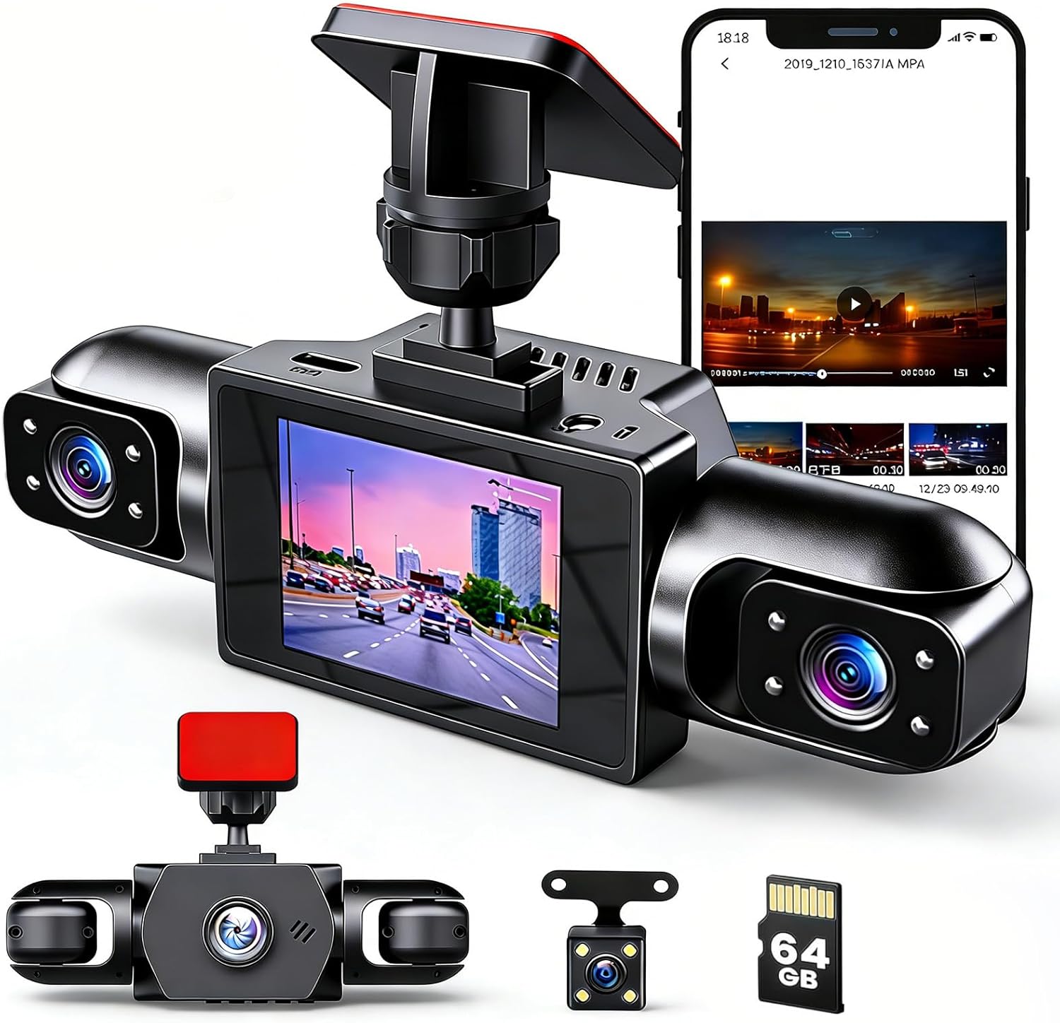 Full View Dash Cam Front and Rear Inside, 4 Channel Dashcam 1080P Full HD Dash Camera for Cars with Infrared Lamps Night Vision G-Sensor, Parking Mode 