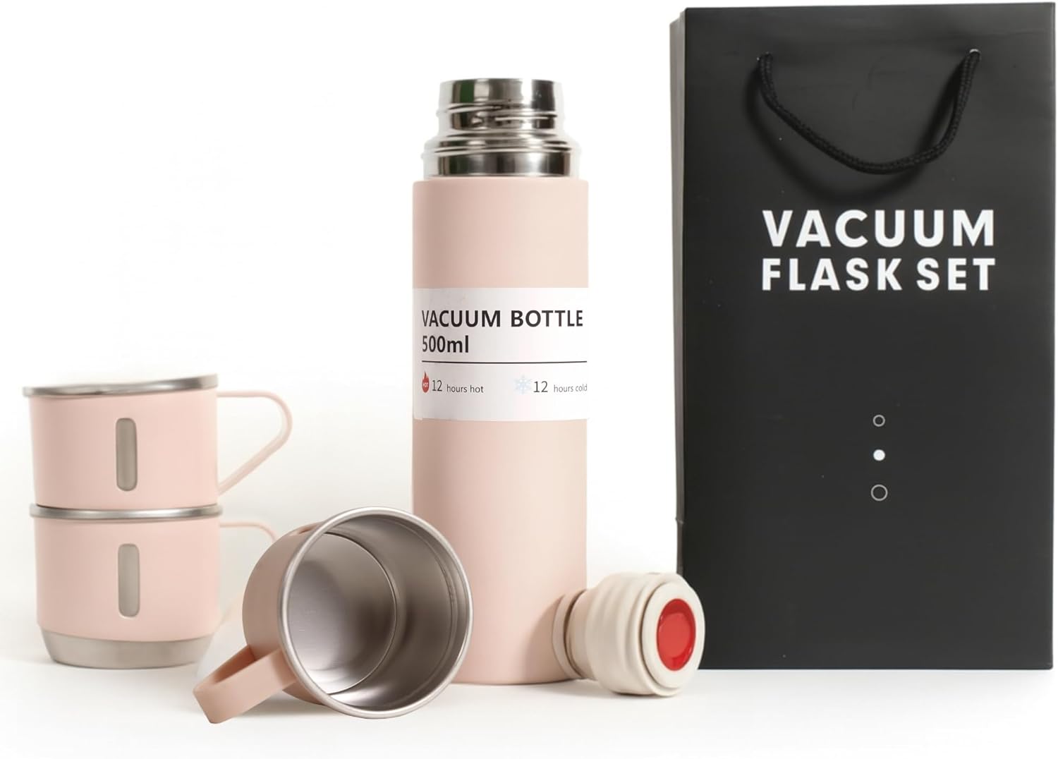 Pink Vacuum Flask Gift Set, Stainless Steel Insulated Water Bottle w/ 3 Cups, Hot & Cold Drinks Coffee Thermo Water Bottle, Reusable Thermal Cup for Outdoor Camping Travel,