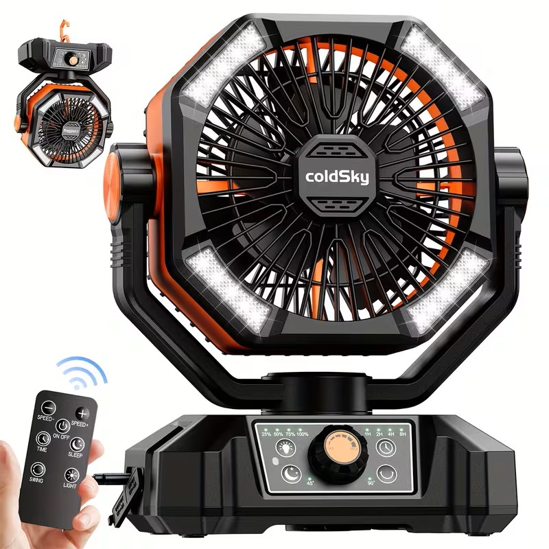 20000Mah Battery Powered Camping Fan - Dual Motor, 8-Speed with Remote Control & 4 LED Lanterns, Portable Outdoor Fan with Hook for Tent, Power Outage, Construction Site, Camping Gear And Equipment