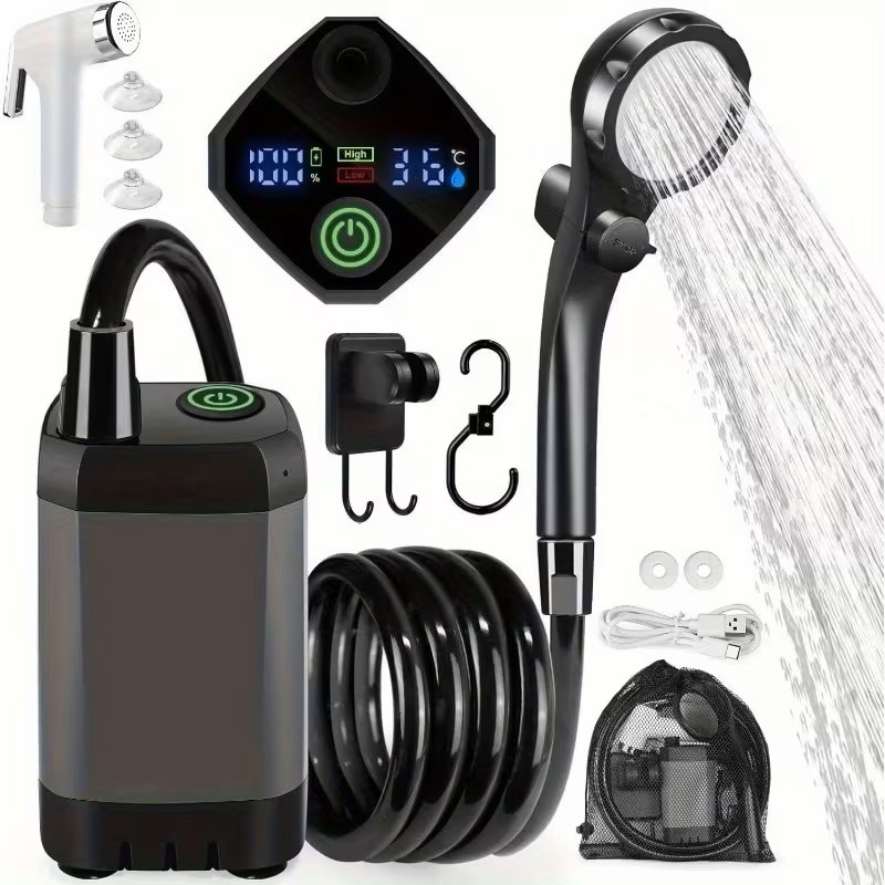 Portable Shower For Camping, 6000mAh Rechargeable Camping Shower With Intelligent LED Display, Multiple Shower Modes, IPX7 Waterproof, 3-in-1 Hook Design, 120 Min Runtime, Outdoor Camp Pump For Hiking, Pet Cleaning, Car Washing, Beach Use
