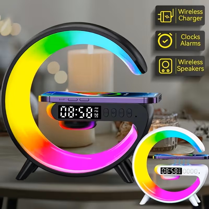 Multi-Function Wireless Charger Stand Fast Wireless Charging Station For Iphone 17 16 15 For Samsung HD Audio Subwoofer Portable Wireless Speaker Alarm Clock Colour LED Night Light RGB Light Bedside Lamp