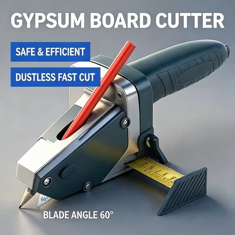 All-in-One Drywall Cutter Tool, Built-in 5 Meter Measuring Tape with Side Lock, Includes Utility Blades Stored in Handle + Pencil, Manual Dust-Free Cutting for Gypsum Board Foam Board KT Board Cardboard Plywood, No Dust No Noise, One-Key Lock Accurate Scal