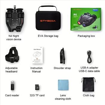 N4 4K HD Digital Night Vision Binoculars With 32GB Memory Card 2000mAh Battery For Photo Video Recording Playback Outdoor Night Adventures Wildlife