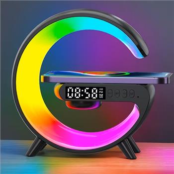 Multi-Function Wireless Charger Stand, Fast Wireless Charging Station for Smartphones, HD Audio Subwoofer, Portable Wireless Speaker, Alarm Clock, Colour LED Night Light, RGB Light, Bedside Lamp