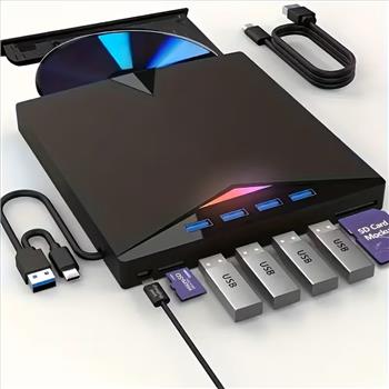 7-In-1 USB 3.0 External Dvd Drive with 4 USB Ports & Dual Tf/ Sd Card Readers - High-Speed Cd/ Dvd Burner for Laptops, Macs, Pcs - Compatible with Windows 11/ 10/ 8/ 7 & Linux