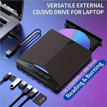 7-In-1 USB 3.0 External Dvd Drive with 4 USB Ports & Dual Tf/ Sd Card Readers - High-Speed Cd/ Dvd Burner for Laptops, Macs, Pcs - Compatible with Windows 11/ 10/ 8/ 7 & Linux
