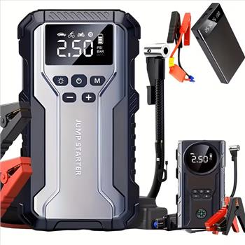 Car Battery Jump Starter, 10, 000mAh Portable Jumper Cable, Jump Starter with Air Compressor, Battery Emergency Start, Portable Peak, 12V (8.0L Gasoline/1.72 Gallon Diesel) Jump Starter for Cars, USB In/out, LED Emergency Lights, Auto Accessory Tools