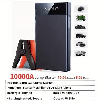 Car Battery Jump Starter, 10, 000mAh Portable Jumper Cable, Jump Starter with Air Compressor, Battery Emergency Start, Portable Peak, 12V (8.0L Gasoline/1.72 Gallon Diesel) Jump Starter for Cars, USB In/out, LED Emergency Lights, Auto Accessory Tools