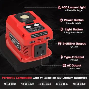 RV 220W Power Inverter Compatible with 18V Battery, DC 18V to AC 110V Portable Power Generator, Inverter with 2 USB Ports 1 Type-C 1 AC Outlet, 400 Lumen Light(Battery Not Included), Gift for Christmas, RV Power Tool Power Inverter