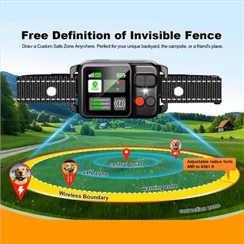 GPS Wireless Dog Collar Fence System, Adjustable 49-6561Ft Invisible Electric Fence, 3 Training Modes Beep/Vibration/Shock, Rechargeable Pet Containment for Small, Medium, Large Dogs, Outdoor Yard Training & Escape Prevention (Black)