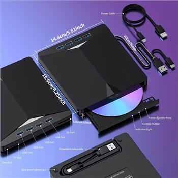 Portable External CD/DVD Drive for Laptops, Featuring a 7-In-1 USB 3.0 DVD Player And Burner, Compatible with Windows 11/10/8/7, Linux, And Mac OS for Both Laptops And Desktop Computers