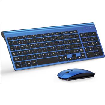 Wireless Keyboard and Mouse Ultra Slim Combo, 2.4G Silent Compact USB Mouse and Scissor Switch Keyboard Set with Cover, 2 AA and 2 AAA Batteries, for PC/Laptop/Windows/Mac - Blue Black