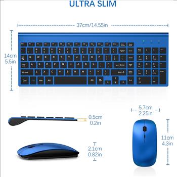 Wireless Keyboard and Mouse Ultra Slim Combo, 2.4G Silent Compact USB Mouse and Scissor Switch Keyboard Set with Cover, 2 AA and 2 AAA Batteries, for PC/Laptop/Windows/Mac - Blue Black