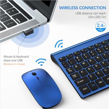 Wireless Keyboard and Mouse Ultra Slim Combo, 2.4G Silent Compact USB Mouse and Scissor Switch Keyboard Set with Cover, 2 AA and 2 AAA Batteries, for PC/Laptop/Windows/Mac - Blue Black