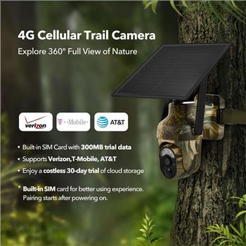 4G LTE Cellular Trail Cameras 2K 360° View Live Streaming Game Camera Built-in SIM Card with Motion Activated Color Night Vision Remote Phone Access Solar Powered Trail Camera IP65 Waterproof 1Pack