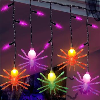 Halloween Spider Curtain Lights,7Ft Halloween LED Spider String Lights with 10 Spider Lights and 15 Mini Lights Spider Curtain Lights Plug in for Indoor Outdoor Party Yard Halloween Decorations