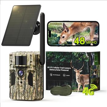 4K 4G LTE Cellular Hunting Camera +Battery Pack+6W Solar Panel+64G SD Card, 0.2s Trigger Speed, Game or Trail Camera with GPS, Non-Glow IR, SIM Card, Motion Capture,