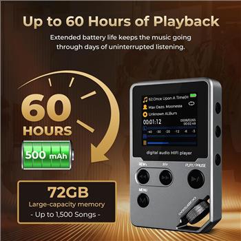 HiFi MP3 Player for Lossless Music, 1536K WAV FLAC APE Music Player with Bluetooth, Metal Hi-Res Digital Audio Player, Portable DAP with 72GB Storage, 60H Playtime, for Travel, Airplane