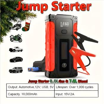 10000A 7-in-1 Multifunctional Emergency Jump Starter With 150PSI Air Pump, Digital Tire Inflator, Portable Car Battery Charger, Up To 2.64gal Gas/2.38gal Diesel, LED Emergency Light & USB Charging, Car Emergency Tool