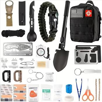 Survival And Kit Containing 152pcs of Professional Gear, Complete with a MOLLE Bag. Ideal for Men, Fathers, And Husbands Who Love Camping And Outdoor Adventures