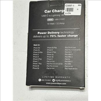 JW Car Charger USB C to Lightning cable 3 amp Fast charge